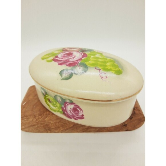 Nippon Hand Painted Oval Floral Jar Trinket Dish with Lid vintage